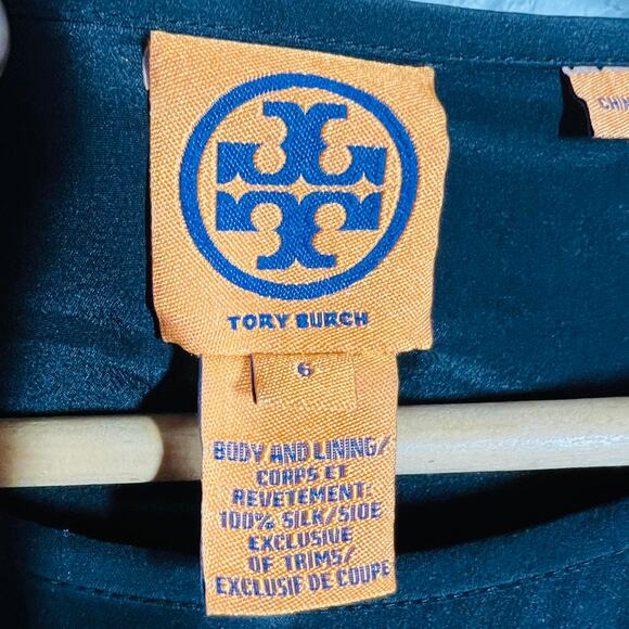 Tory Burch Beaded Silk Dress Tiered Sheath Black Tan Short Sleeve Heavy - 6 - Picture 8 of 11